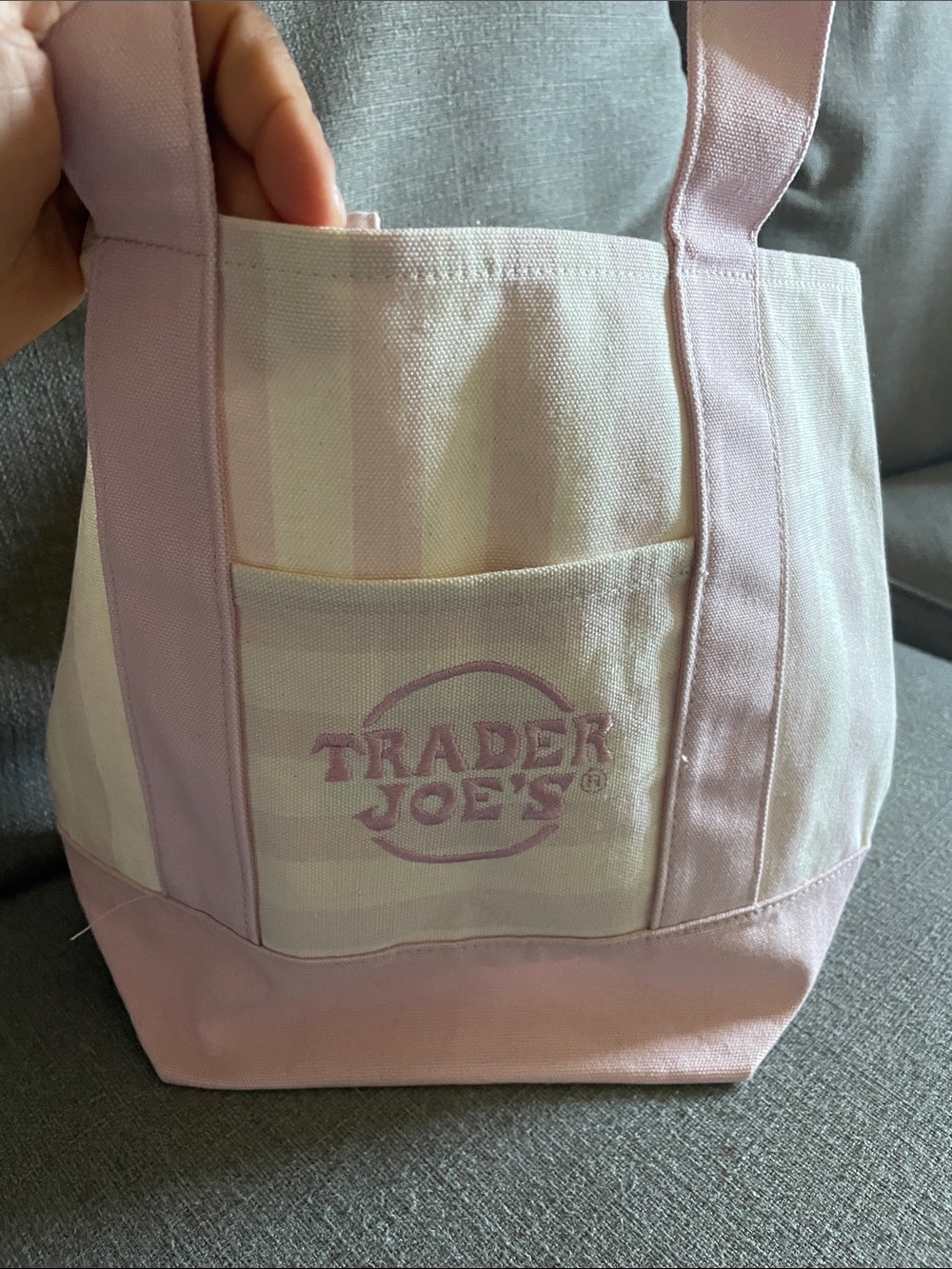 (2)Trader Joe’s Mini Canvas Tote Bag 💐BLUE  Pink Pastel Striped - Picture 4 of 4